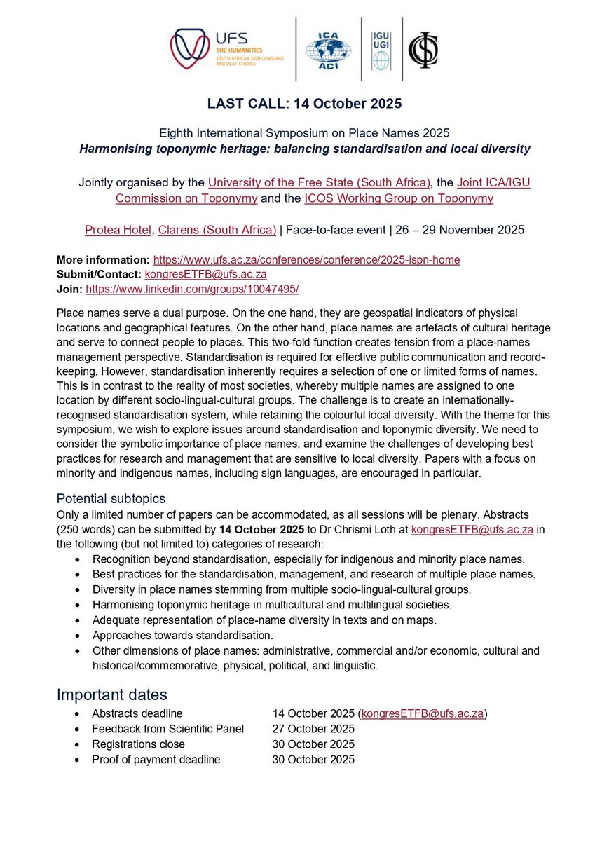 eug1979's tweet photo. e-Onomastics: LAST CALL: International #Symposium on #Place #Names 2025 https://t.co/ZRY8wvanvi 14 October: Submit your last-minute abstract 💢Harmonising #toponymic #heritage: balancing #standardisation and #local #diversity💢#Clarens (South #Africa) 26 – 29 November 2025 https://t.co/pQbRXMmGEy