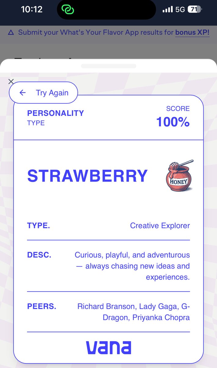 If I was an Ice Cream Flavour, I'd be Strawberry, Curious, playful, and adventurous — always chasing new ideas and experiences..
Taste your data: app.vana.com #datarevolution

You aren’t bullish on <a href="/vana/">vana</a> enough 

There’s a new task to earn between 50-500XP, go and do