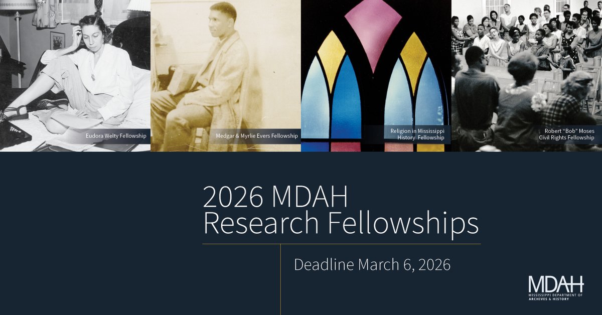 MDAH is now accepting applications for four 2026 fellowships! All four competitive awards offer a $5,000 stipend that may be used for research at MDAH for a minimum of two weeks during the summer of 2026. Read more at bit.ly/3WgHUwt.