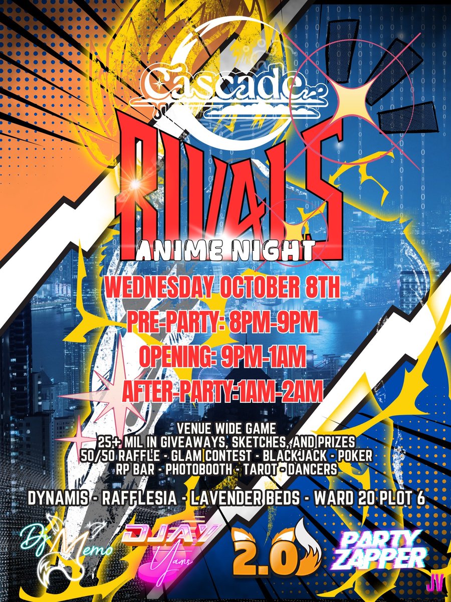 CascadeXIV (@cascadexiv) on Twitter photo Cascade - *Anime Night*
TONIGHT@8:00pm-2:00am EST
Dynamis-Rafflesia-Lavender Beds-Ward 20-Plot 6
- 25m+ in Art, Prizes & Giveaways
- Contests
- Thematic Photobooth
- Gamba
- Tarot
- RP Bar
- And more!!
#FFXIV 
Music: Memo, <a href="/djayYAMS/">djayYAMS</a>, <a href="/two_pointzero/">two pointzero</a> & <a href="/PartyZapper/">PartyZapper</a>
Flyer: Jay Ve Cascade - *Anime Night*
TONIGHT@8:00pm-2:00am EST
Dynamis-Rafflesia-Lavender Beds-Ward 20-Plot 6
- 25m+ in Art, Prizes & Giveaways
- Contests
- Thematic Photobooth
- Gamba
- Tarot
- RP Bar
- And more!!
#FFXIV 
Music: Memo, <a href="/djayYAMS/">djayYAMS</a>, <a href="/two_pointzero/">two pointzero</a> & <a href="/PartyZapper/">PartyZapper</a>
Flyer: Jay Ve