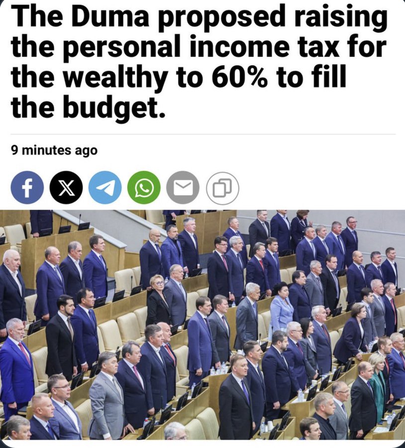 REBELLION IN SIGHT. 🚨

Putin has run out of money.
Imposing a 60% income tax rate on oligarchs isn't exactly making friends.
We've said it, Putin will destroy himself, and the countdown has begun.