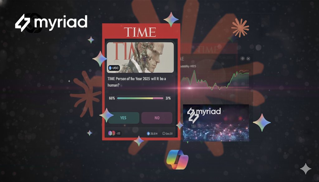 im_shizzle's tweet photo. Will TIME's 2025 Person of the Year be human? 🤔 Myriad Markets says 69.5% Yes, 30.5% No!
With AI buzzing, it's a tight race!
Trade now at :
https://t.co/9bAqXRjvRG #TimePerson #AI #PredictionMarket
What is Myriad Markets? 🌐
It's a decentralized platform where YOU predict real-world events: crypto 🪙, sports ⚾️, politics 🗳️entertainment 🎞️
Start risk-free with points or use USDC to earn rewards 🏆 & farm points for a potential $MYR airdrop! 🎉
Get started:
1. Visit https://t.co/Q3iFf9kWlY or add the Chrome extension
2. Connect your wallet (e.g., MetaMask)
3. Choose a chain (Abstract or Linea)
4. Claim daily points & predict with Yes/No shares
5. Track wins, earn rewards, level up!
Transparent. Rewarding. Predictive.
Don’t just watch the future—predict it! 🔮
#MyriadMarkets #PredictionMarkets #Web3