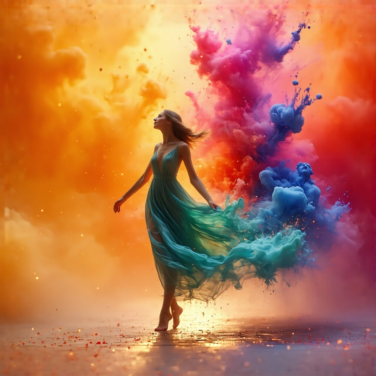 AI-generated image of a woman in a teal dress amidst vibrant colorful clouds