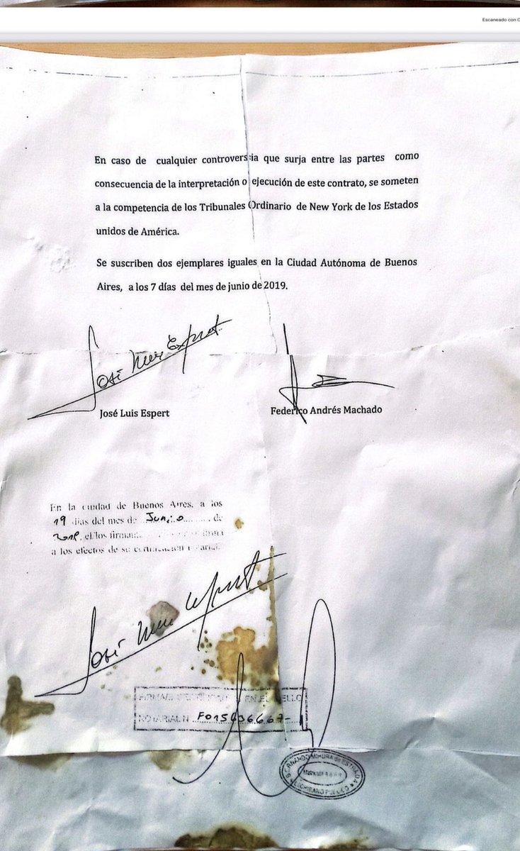 Acá el original del contrato entre José Luis Espert y Fred Machado.

Un contrato por U$S 1 millón. 

Forma de pago: 10 cuotas de USD 100.000.