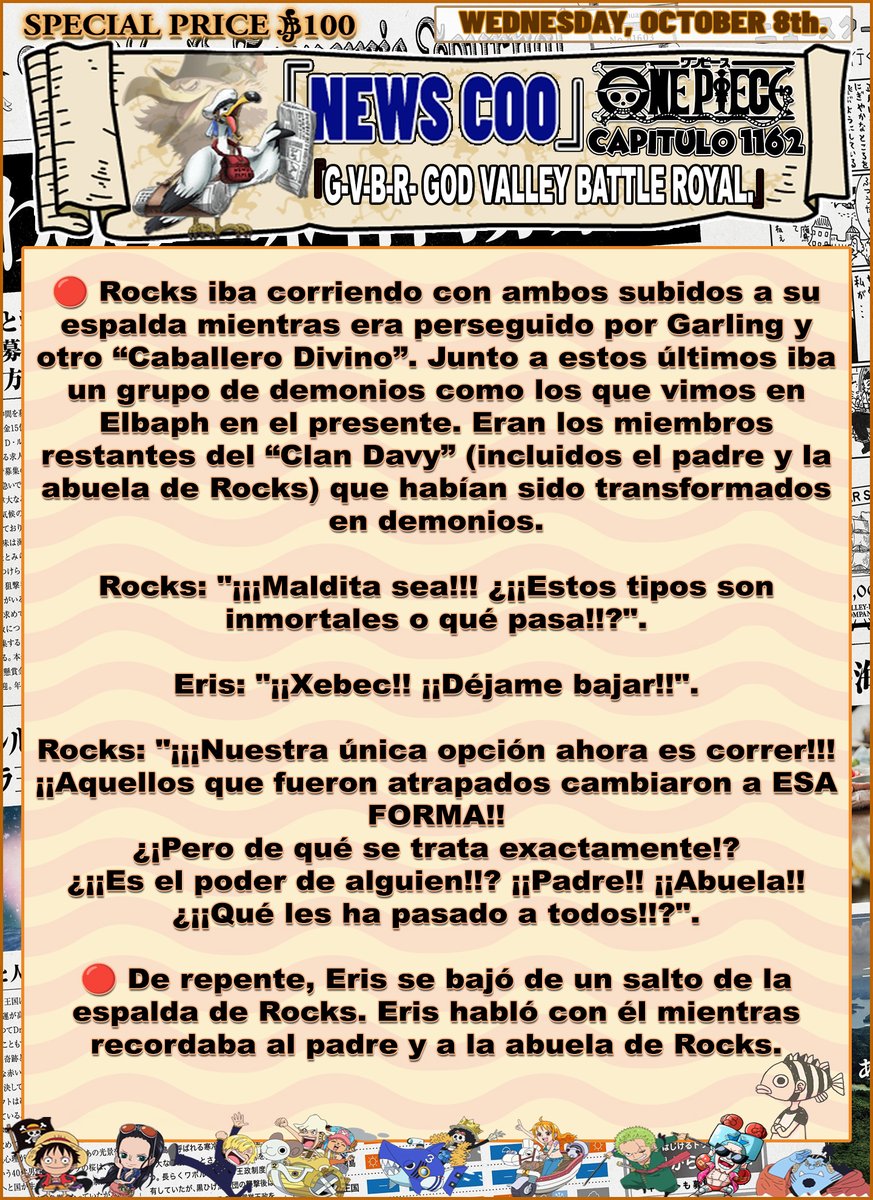 GSPLeaks's tweet photo. 🔥🚨¡RESÚMEN COMPLETO (#SPOILERS) DEL CAPÍTULO DE ONE PIECE 1162!🚨🔥
- 𝗢𝗡𝗘 𝗣𝗜𝗘𝗖𝗘 𝗖𝗔𝗣𝗜́𝗧𝗨𝗟𝗢 𝟭𝟭𝟲𝟮: “𝗚·𝗩·𝗕·𝗥 (𝗚𝗼𝗱 𝗩𝗮𝗹𝗹𝗲𝘆 𝗕𝗮𝘁𝘁𝗹𝗲 𝗥𝗼𝘆𝗮𝗹)”.🧵👇
#ONEPIECE1162 #ONEPIECE #IMU #ROCKS #OP1162 #GARLING #OPSPOILERS #ONEPIECE1162SPOILERS #DAVY https://t.co/xs1NwbXKVn