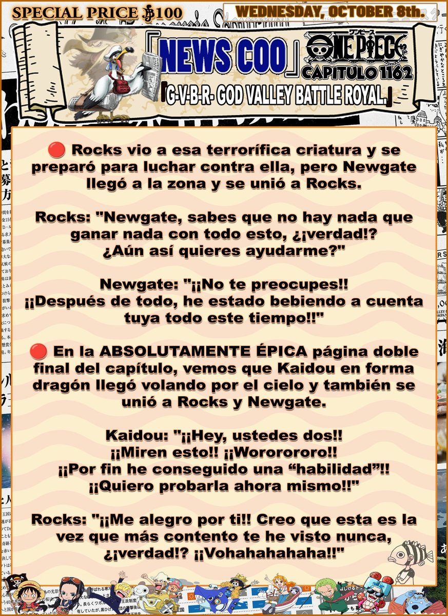 GSPLeaks's tweet photo. 🔥🚨¡RESÚMEN COMPLETO (#SPOILERS) DEL CAPÍTULO DE ONE PIECE 1162!🚨🔥
- 𝗢𝗡𝗘 𝗣𝗜𝗘𝗖𝗘 𝗖𝗔𝗣𝗜́𝗧𝗨𝗟𝗢 𝟭𝟭𝟲𝟮: “𝗚·𝗩·𝗕·𝗥 (𝗚𝗼𝗱 𝗩𝗮𝗹𝗹𝗲𝘆 𝗕𝗮𝘁𝘁𝗹𝗲 𝗥𝗼𝘆𝗮𝗹)”.
#ONEPIECE1162 #ONEPIECE #IMU #ROCKS #OP1162 #GARLING #OPSPOILERS #ONEPIECE1162SPOILERS #DAVY https://t.co/COpL4Rd3vF