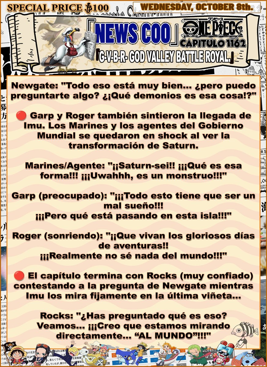 GSPLeaks's tweet photo. 🔥🚨¡RESÚMEN COMPLETO (#SPOILERS) DEL CAPÍTULO DE ONE PIECE 1162!🚨🔥
- 𝗢𝗡𝗘 𝗣𝗜𝗘𝗖𝗘 𝗖𝗔𝗣𝗜́𝗧𝗨𝗟𝗢 𝟭𝟭𝟲𝟮: “𝗚·𝗩·𝗕·𝗥 (𝗚𝗼𝗱 𝗩𝗮𝗹𝗹𝗲𝘆 𝗕𝗮𝘁𝘁𝗹𝗲 𝗥𝗼𝘆𝗮𝗹)”.
#ONEPIECE1162 #ONEPIECE #IMU #ROCKS #OP1162 #GARLING #OPSPOILERS #ONEPIECE1162SPOILERS #DAVY https://t.co/COpL4Rd3vF