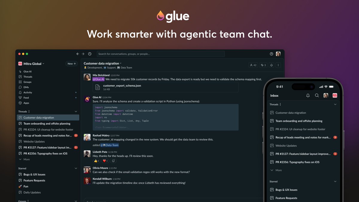 For years I thought <a href="/SlackHQ/">Slack</a> would be the one to fuse team chat with AI.

Turns out, <a href="/GlueAI/">Glue</a> is what Slack should’ve become!

It’s the first multiplayer, MCP-powered, agentic chat platform, and it just announced a $20 M Series A.

Quick dive 🧵↓