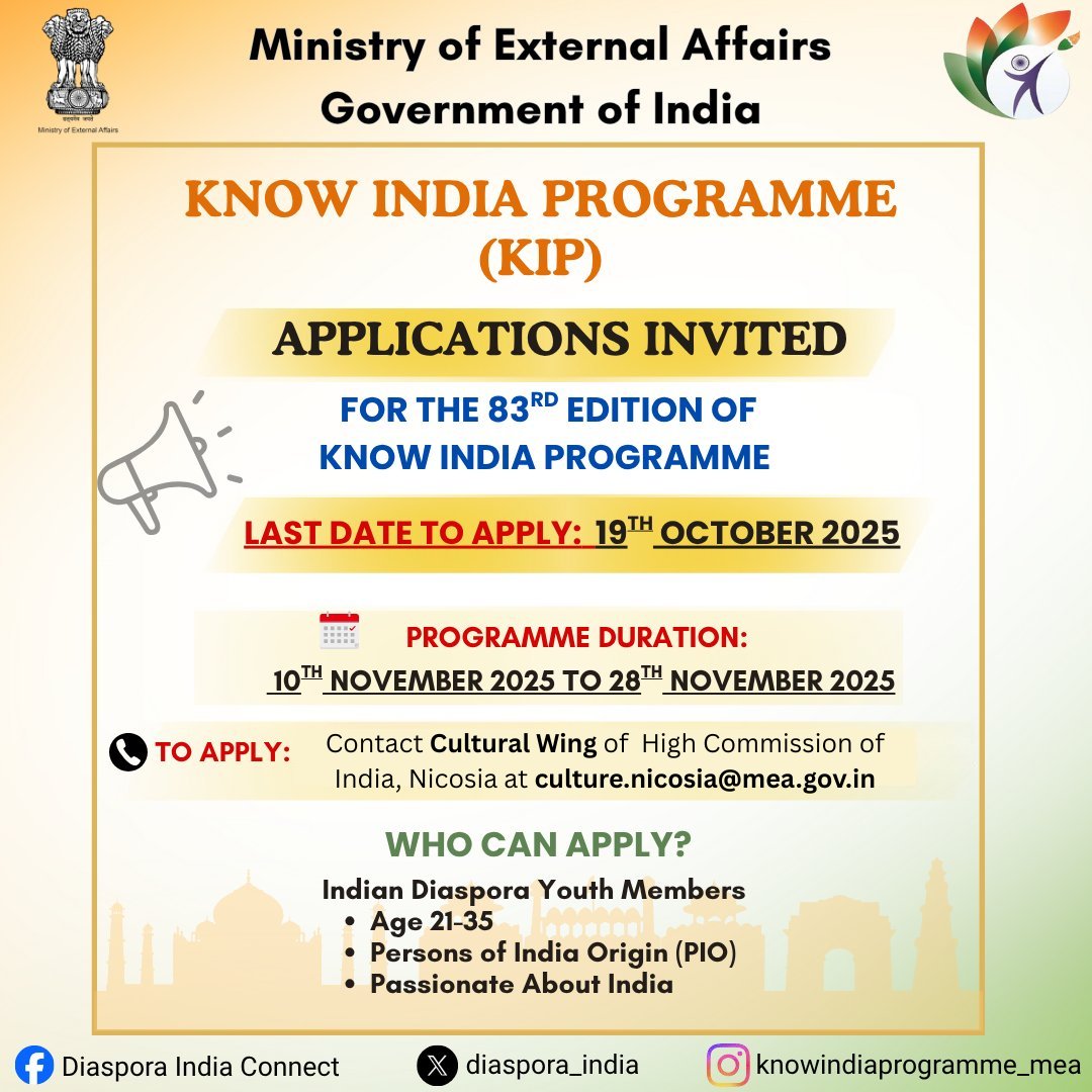 HCI_Nicosia's tweet image. 🇮🇳 Apply Now for the 83rd Edition of the #KnowIndiaProgramme (#KIP)!
An incredible 3-week journey (🗓 10–28 Nov 2025) across India to rediscover your roots, experience #India’s vibrant #culture, #innovation, and #progress! ✈️🌏
👩🎓 Who can apply:
• Persons of Indian Origin…