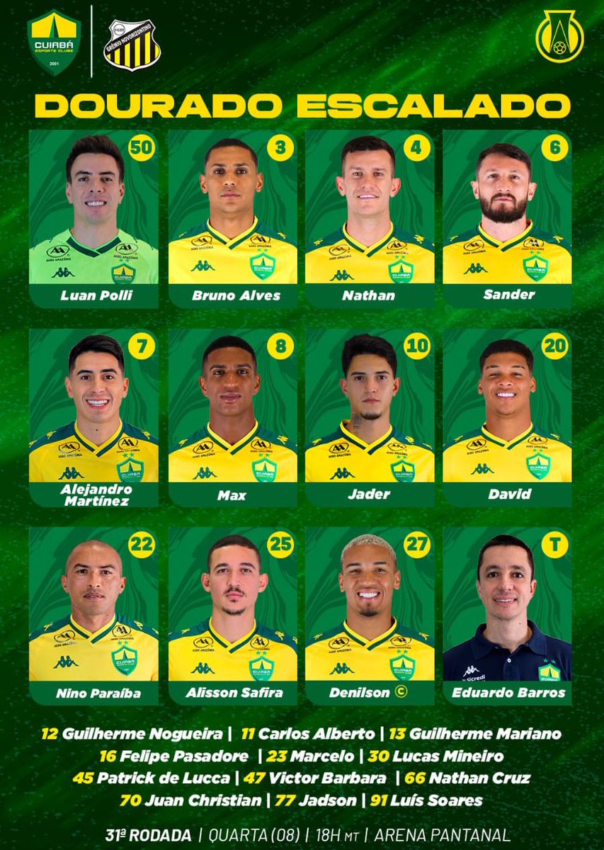 Cuiabá escalado: Polli; Bruno, Nathan e Sander; Nino, David, Denilson e Max; Alejandro, Safira e Jader. 

Mesmo com ausência de Calebe, Eduardo mantém o 3-4-3, com Nathan de volta ao time titular após lesão.

Nino no lugar de Mateusinho, Sander mantido na zaga e retorno de Jader.