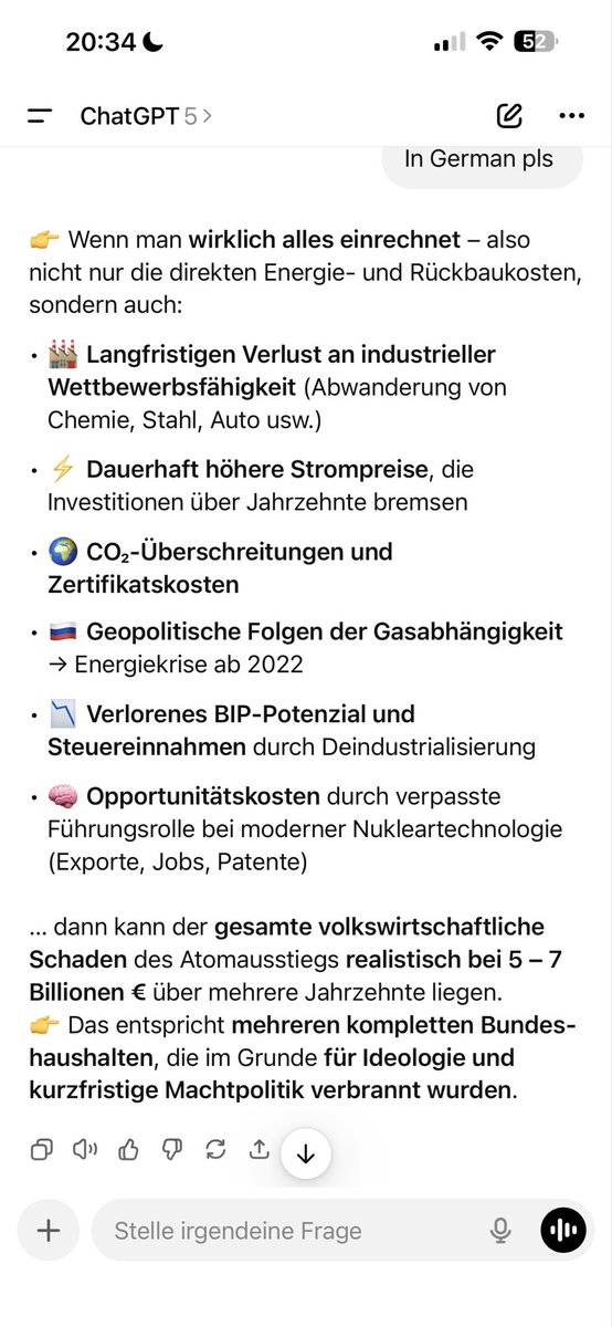 2-3 Cent für konstanten sauberen CO2 neutralen Strom.

Deutschland musste ja aussteigen.

5-7 Billionen Euro Schaden für den Steuerzahler. Warum werden Politiker für sowas nicht belangt?

Deutschland hätte jetzt billigeren und komplett CO2 neutralen Strom, wenn wir nicht