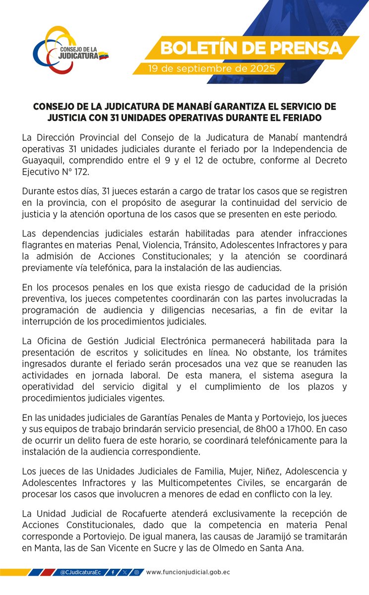 #COMUNICADO 📝 <a href="/ManabiCJ/">ManabíCJ</a> garantiza el servicio judicial durante el feriado por el #9DeOctubre:

🏛️31 unidades judiciales operativas
✅ Atención de casos urgentes y flagrantes
🖥️Trámites digitales en la Oficina de Gestión Judicial Electrónica

Mas detalles a continuación⤵️