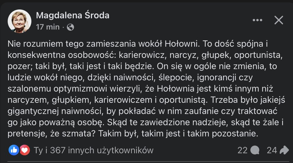 Prof. Magdalena Środa o Hołowni na FB.
Podpisuję się pod każdym słowem: