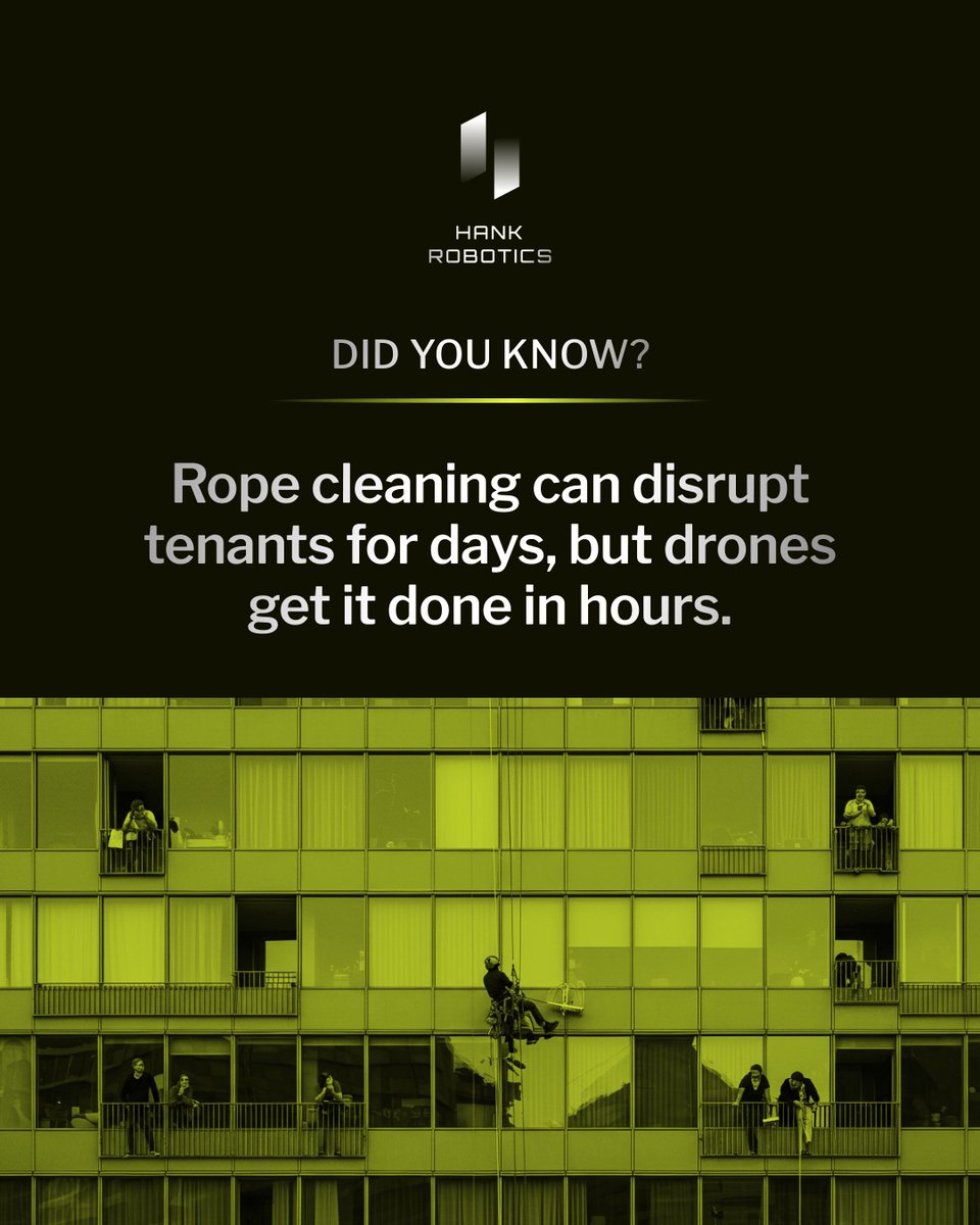hankrobotics's tweet image. Why settle for outdated cleaning methods? Rope and manual cleaning are slow, disruptive, and inconvenient for tenants.
At Hank Robotics, our drones deliver spotless results twice as fast, with less noise and zero intrusion. Choose the smarter, safer way to clean today!
#Speier