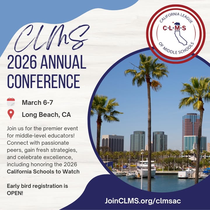 JoinCLMS's tweet image. 🚨 The CLMS Annual Conference is coming to Long Beach, March 6-7, 2026! 🎉Two days of inspiration, strategies you can use right away, and connections with middle-level educators who get it. #middleleveleducators #CLMS26  @AMLE @CADeptEd zurl.co/TWI7V
