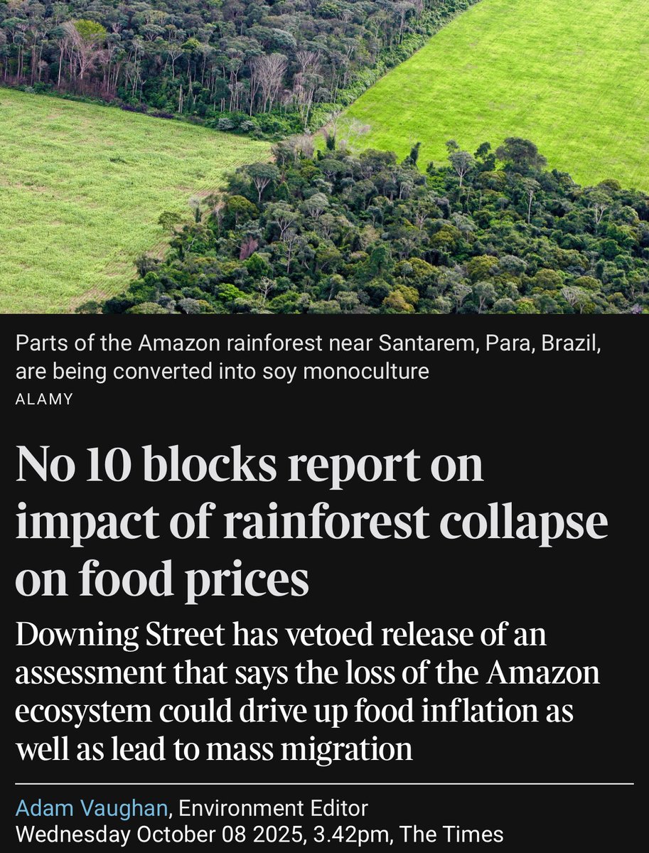 LizWebsterSBF's tweet image. 🚨 Downing Street has BLOCKED a report warning that Amazon rainforest collapse could send UK food prices soaring.

They don’t want you to know the truth: Britain’s food security is tied to global ecosystems and we’re sleepwalking into crisis.

This is what “eco-authoritarianism”…