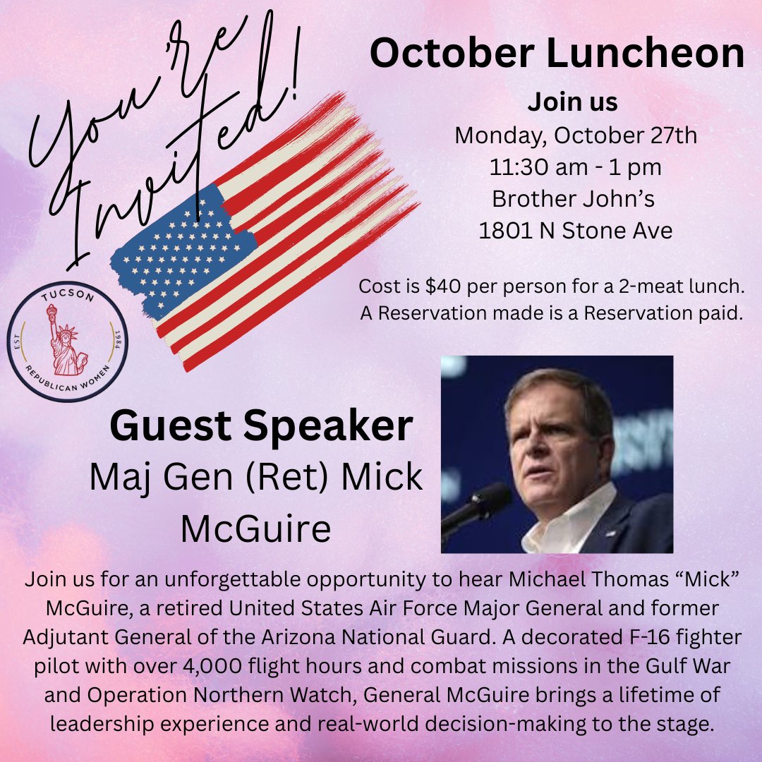 TucsonRepWomen's tweet photo. How do leaders make tough decisions under pressure?  "Mick" lived the lessons of courage, ethics, and leadership—and now he’s ready to share them with YOU. Join us Oct 27th.
RSVP/Pay online:https://t.co/wseusukNxY
RSVP/Pay at door: https://t.co/X2STWyz9UZ https://t.co/0QLxoWcI0t