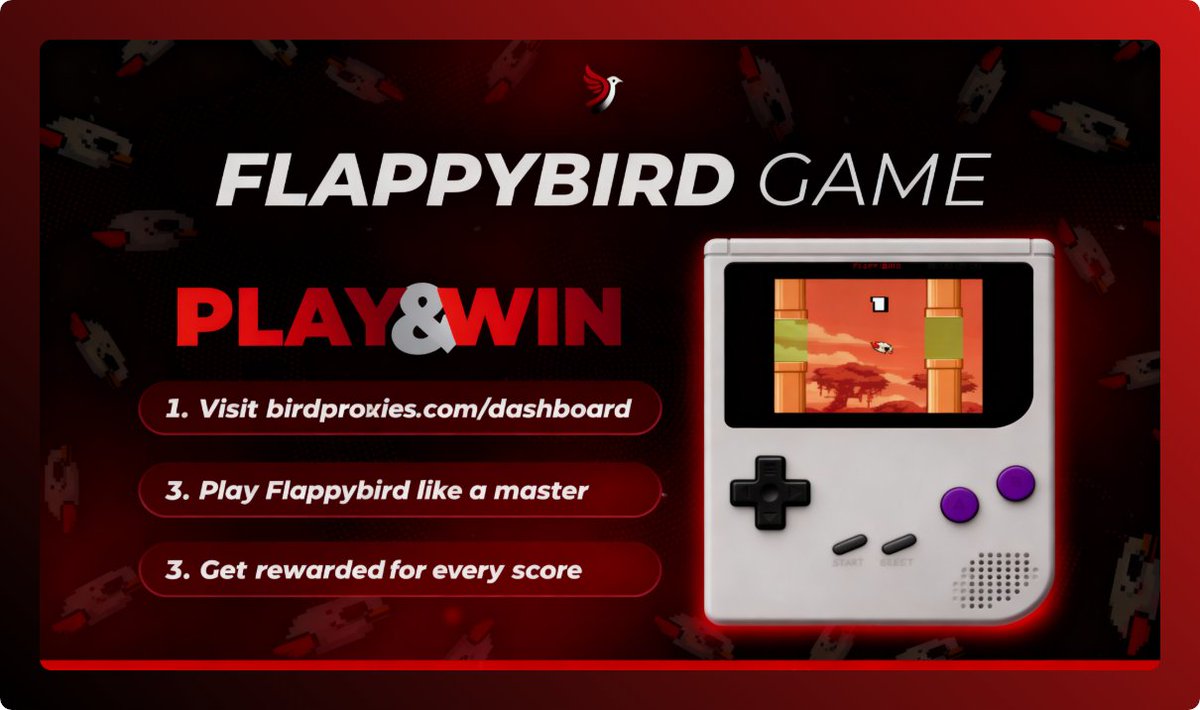 PLAY &amp; WIN with BirdProxies' FlappyBird challenge!🎮

1️⃣ Visit the dashboard
2️⃣ Master FlappyBird
3️⃣ Earn rewards for every score 🏆

Join now: discord.gg/6CG2N9VVe5
More info: birdproxies.com
Ready to flex your skills?🐦