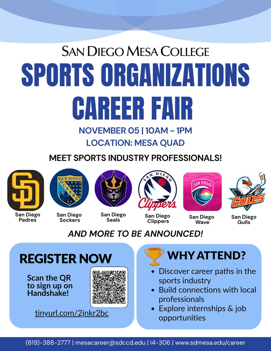 🎯 Ready to score your dream job? 💼 Meet pros, explore careers &amp; job opportunities in the industry! 📅 Nov 5, 2025 | 🕙 10AM–1PM 📍 Mesa Quad. Network &amp; get in the game! 🏆 #CareerGoals #SportsJobs