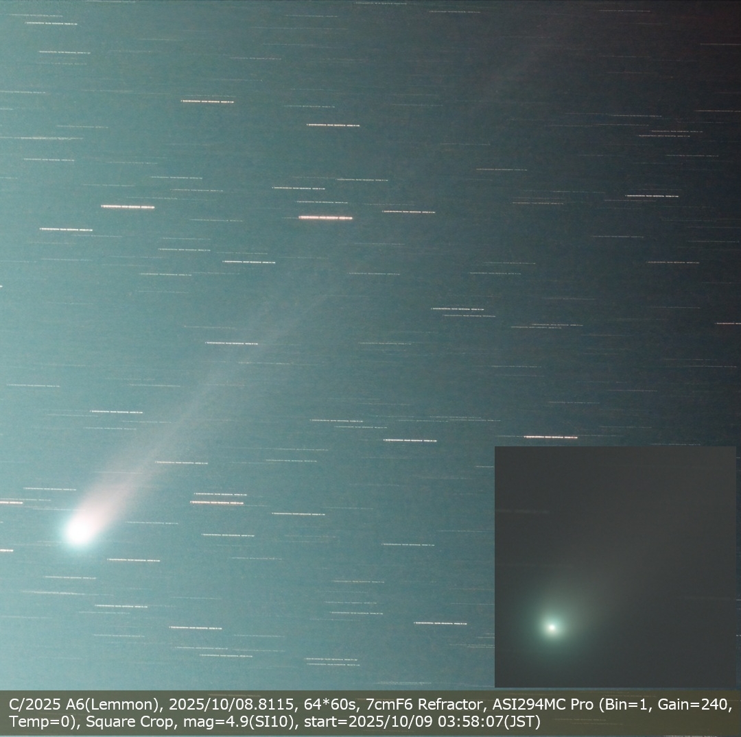 今朝のレモン彗星 C/2025 A6(Lemmon)
月の影響は大きいですが複雑な尾が写りました。双眼鏡では微かにしか見えませんでした
C/2025 A6(Lemmon), 2025/10/08.8115, 64*60s, 7cmF6 Refractor, ASI294MC Pro (Bin=1, Gain=240, Temp=0), Square Crop, mag=4.9(SI10), start=2025/10/09 03:58:07(JST)