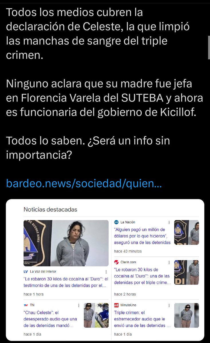 RaudonasLietuvo's tweet photo. @clarincom Faltó informar el "detalle" que la detenida atrapada in fraganti limpiando sangre y restos humanos, es la hija de la directora de escuelas de La Matanza ✌🏿, a quien su hija le pidió "que borre todos los chats". De nada, Clarín. El kirchnerismo con los dedos pegoteados, siempre https://t.co/uPFJsqOpAW