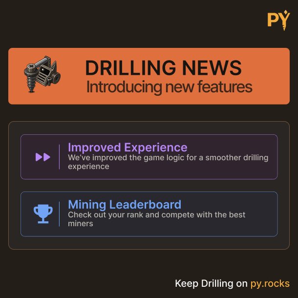 PY_rocks's tweet image. Gm drillers ⛏️
We’ve rolled out a major update for a faster, smoother drilling experience on py.rocks

With this update, all active drillings have been reset, so make sure to place your drills back on the tiles quickly to keep mining.