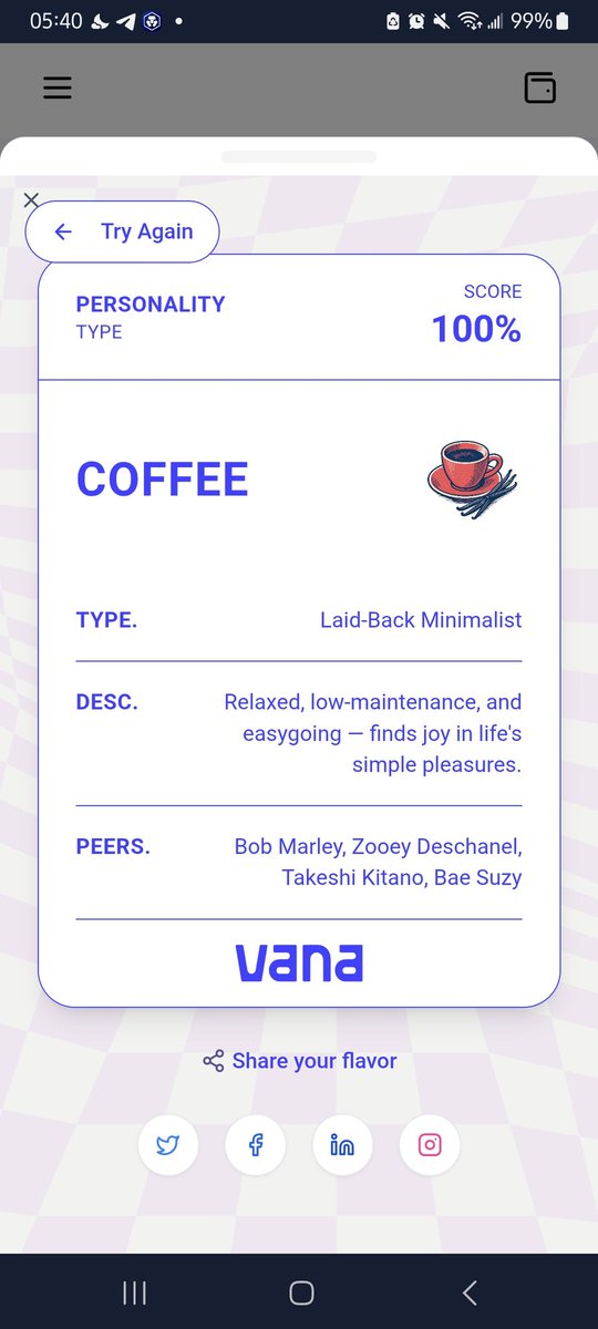 If I was an Ice Cream Flavour, I'd be Coffee, Relaxed, low-maintenance, and easygoing — finds joy in life's simple pleasures..
Taste your data: app.vana.com #datarevolution
