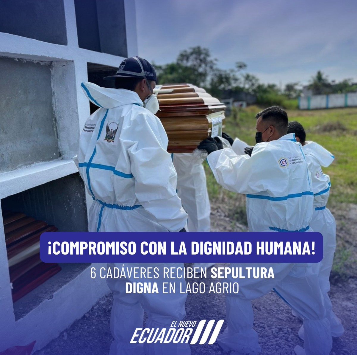 🕊️| En Lago Agrio, se llevó a cabo el proceso técnico de inhumación de seis cadáveres (NN ), que permanecían bajo cadena de custodia de la Oficina Técnica Forense de dicho cantón.

🪦 Los cuerpos reposan en el Cementerio del GAD Municipal de Lago Agrio, gracias a la coordinación