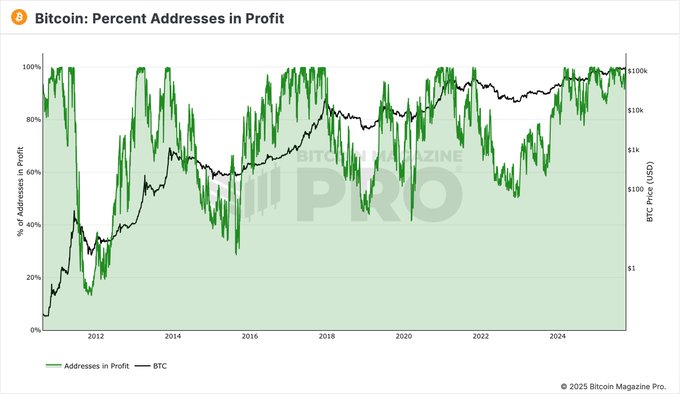 Line graph titled Bitcoin Percent Addresses in Profit displays percentage on y-axis from 0 to 100 percent and years on x-axis from 2012 to 2024. Green line shows percent of addresses in profit with peaks and troughs. Black line indicates Bitcoin price in USD. Graph has Bitcoin Magazine watermark at bottom right.