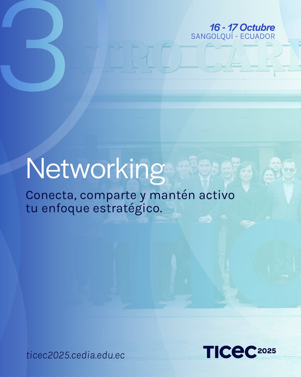 ✅¡Aprovecha tu experiencia en el TICEC al máximo!
📅 Revisa nuestra agenda en: ticec2025.cedia.edu.ec/es/agenda/
Organizan: <a href="/CEDIAec/">CEDIA</a> y <a href="/ESPEU/">ESPE</a> 
#TICEC2025 #Networking #Ciencia #Tecnología #Conferencias #Investigación #Innovación #CEDIA