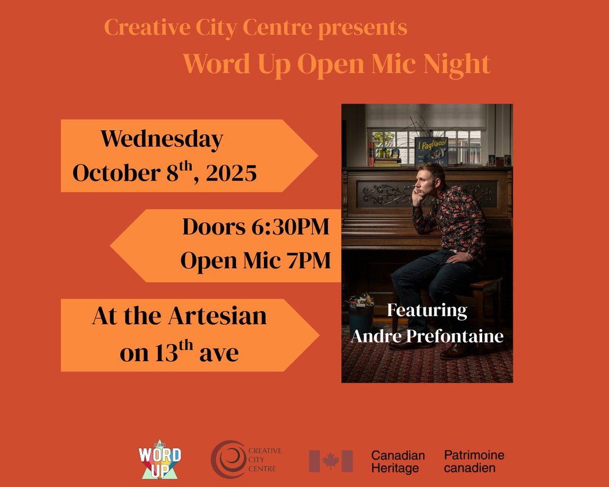 Tonight! Creative City Centre presents Regina Word Up Open Mic Night feat. Andre Prefontaine 💕🎤

Time : 7:00-9:00 pm (SK time), doors open at 6:30 pm
Price: Free, pay what you can (donations accepted toward our capital campaign)
Find out more: shorturl.at/Zj66l
