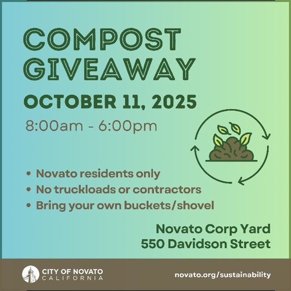 Free Compost Giveaway📣

To celebrate North Bay Zero Waste Week &amp; promote compost use, we're hosting a free compost giveaway!

📆 Saturday, 10/11 | 8am - 6pm
📍 Novato Corp Yard, 550 Davidson St

Open to Novato residents only. Please bring your own containers &amp; a shovel.