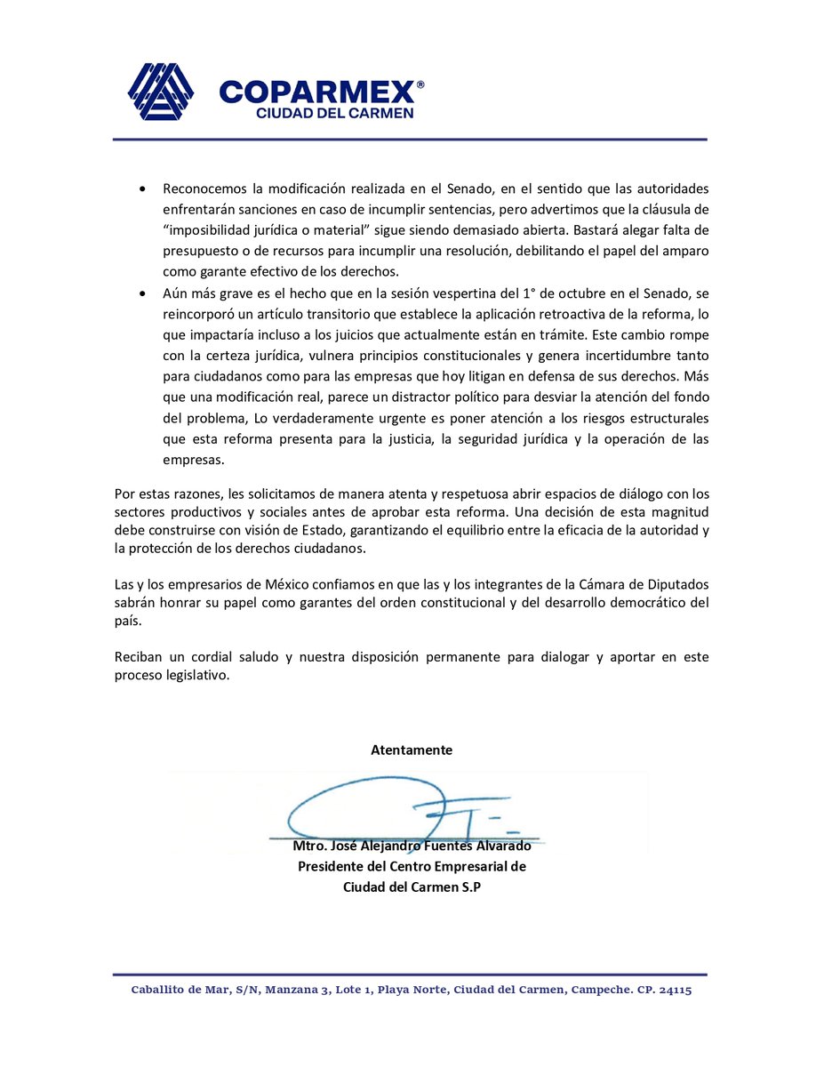 🔵 Diputada <a href="/arianarejonlara/">Ariana Rejón Lara</a> 
Desde #Coparmex le hacemos un llamado a no aprobar la reforma a la #LeyDeAmparo en sus actuales términos, especialmente por el artículo transitorio que permitiría la retroactividad. No podemos dejar indefensos a ciudadanos y empresas ante este acto.