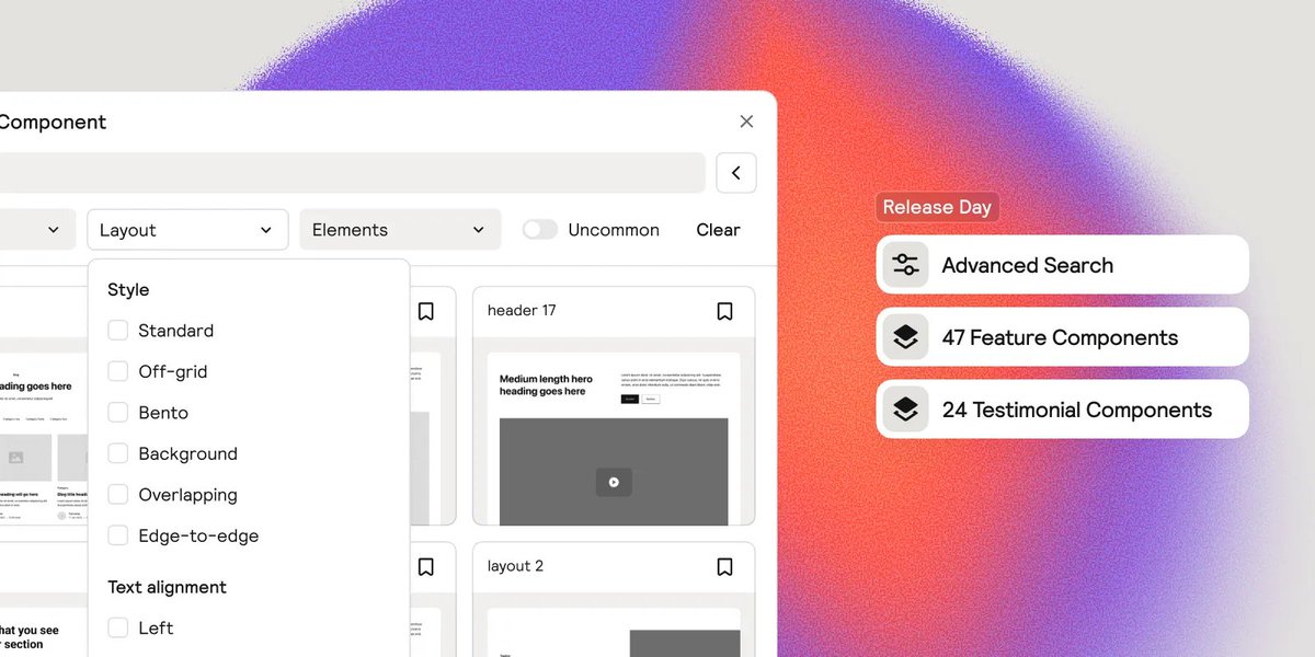 Happy October Release Day! 🔍💫

Here’s what’s new to Relume:
→ Advanced Component Search
→ 75 New Components
→ Figma Kit Update v3.6
→ Community Roadmap Update

Learn more 👇🧵