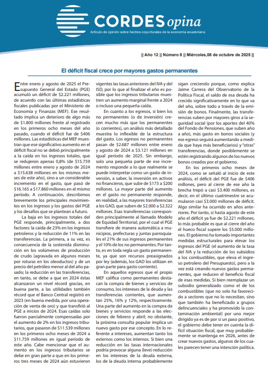 El déficit fiscal de enero a agosto de 2025 es $1.800 millones mayor que el de igual período de 2024. Ese fuerte deterioro responde, sobre todo, a un aumento en los gastos permanentes (aunque a algunos se los clasifica como de inversión). Nuestro análisis:
cordes.org/publicacion/op…