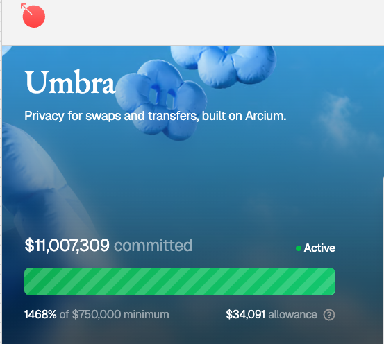Umbra Presale ICO progress showing over 1468% committed funds