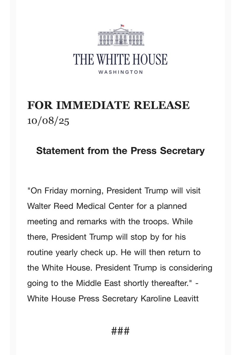 The White House has announced that President Donald J. Trump will undergo his routine yearly medical check-up on Friday at Walter Reed National Military Medical Center in Bethesda, Maryland, during which he will attend a planned meeting and remarks with troops, before potentially