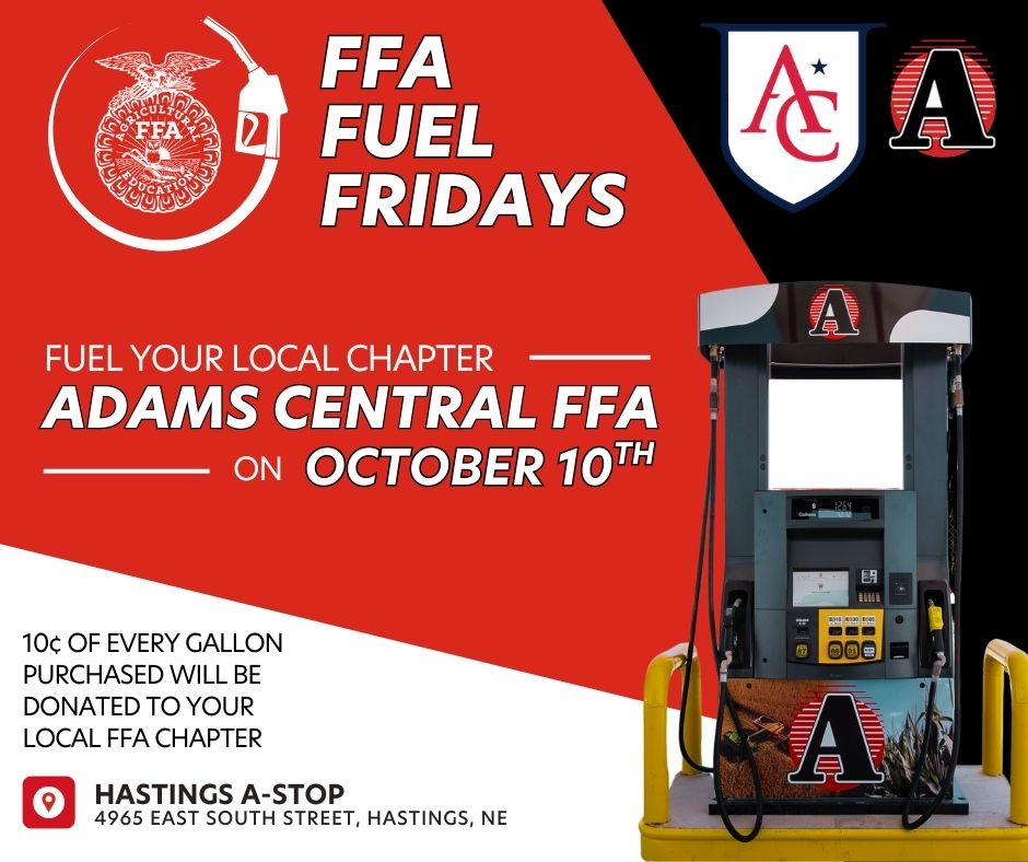 AuroraAgNetwork's tweet image. Join us this Friday for our final FFA Fuel Friday at the A-Stop in Hastings! Fuel up before heading to any sporting events, and we&apos;ll donate 10 cents per gallon to support the Adams Central FFA Chapter. Fill your tank and make a difference!