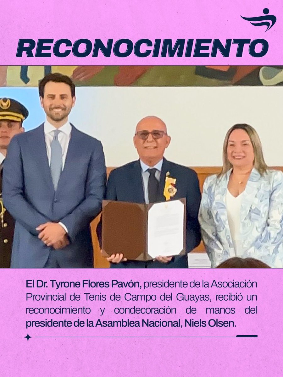 El Dr. Tyrone Flores Pavón, presidente de la Asociación Provincial de Tenis de Campo del Guayas, recibió un reconocimiento y condecoración de manos del presidente de la Asamblea Nacional, Niels Olsen.
El acto se realizó en el salón de actos del Colegio Vicente Rocafuerte, donde