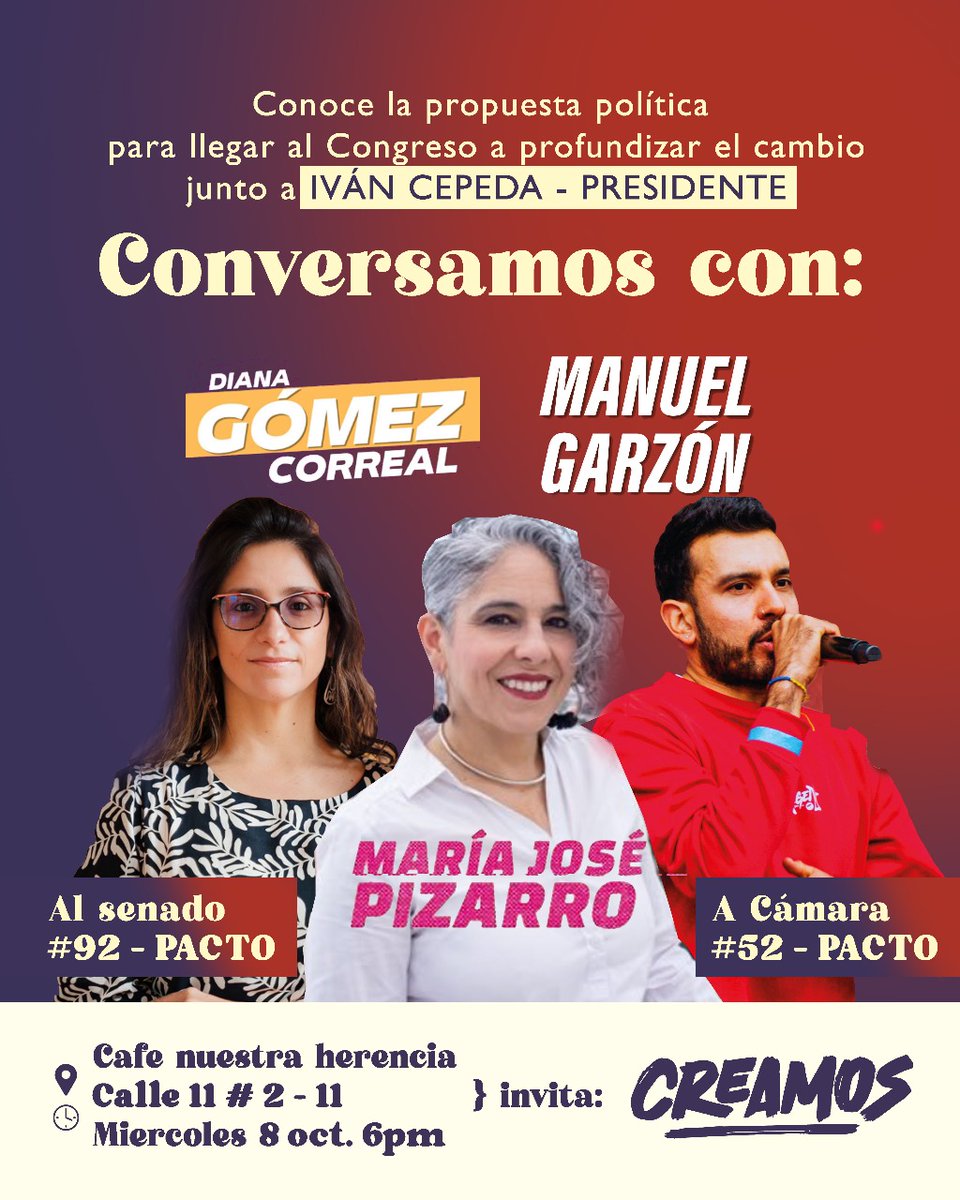 Les esperamos a todxs hoy espacio especial para conocer a nuestros candidatos ¡Caigan les esperamos! #creamos #IvanNosUne #manuelgarzon #DianaGomez