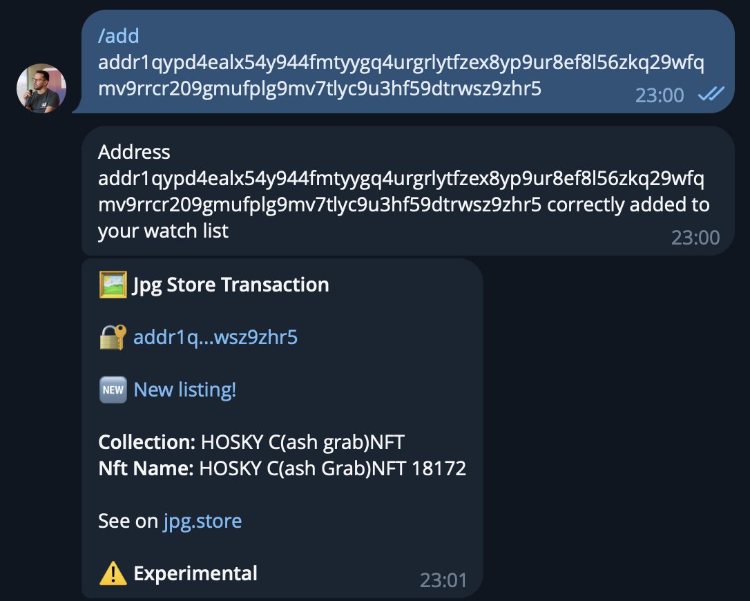 AdaWatchBot's tweet image. PSA 📢
AdaWatchBot support for @jpgstoreNFT is now live on mainnet.
We've experimentally launched only for telegram and implemented only the following notifications:
✅ List
✅ Update Listing
✅ Sale
✅ Delist
Who's going to be the first one receiving a notification??