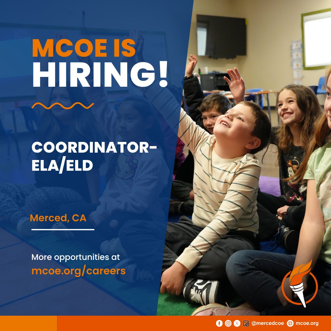 Coordinator - English Language Arts (ELA)/English Language Development (ELD)
Location: Merced, CA

👉 Apply here: 
edjoin.org/Home/JobPostin… 

#MercedCOE #MercedCounty #MercedJobs