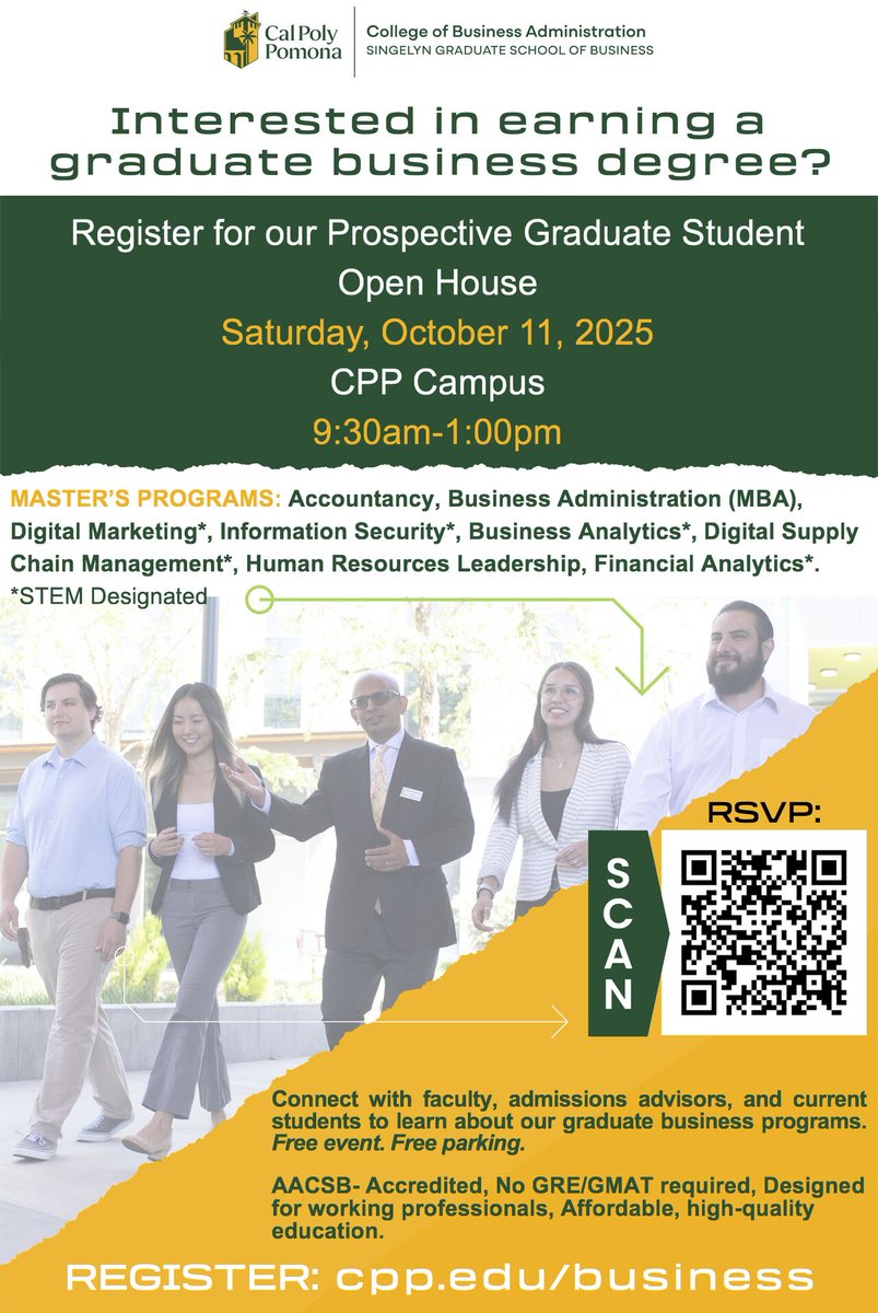 CPP_CCIDM's tweet image. Join Cal Poly Pomona’s Prospective Graduate Business Open House on 10/11 (9:30 a.m.-1:00 p.m.)! Free parking will be provided for the event.
AACSB-accredited | STEM-designated | No GRE/GMAT required
👉 bit.ly/4q6UD2u
#MSDM #DigitalMarketing #CalPolyPomona #OpenHouse