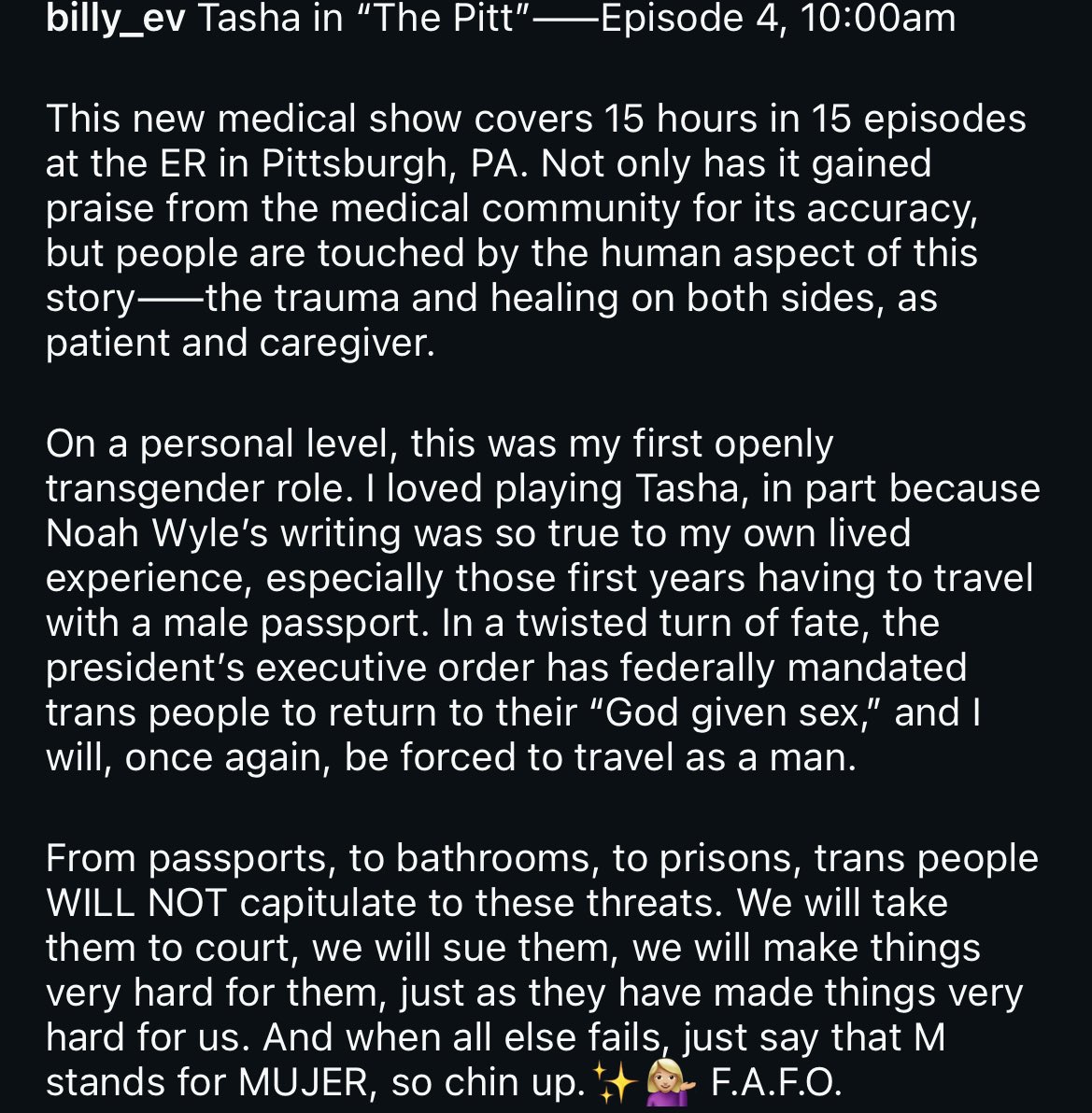 somuchhappenin_'s tweet photo. Eva Everett Irving, played Tasha on “The Pitt”. 
“I loved playing Tasha, in part because Noah Wyle’s writing was so true to my own lived experience, especially those 1st years having to travel with a male passport.” 
“When all else fails, just say M stands for Mujer, so chin up.” https://t.co/aUh1UVL9XJ
