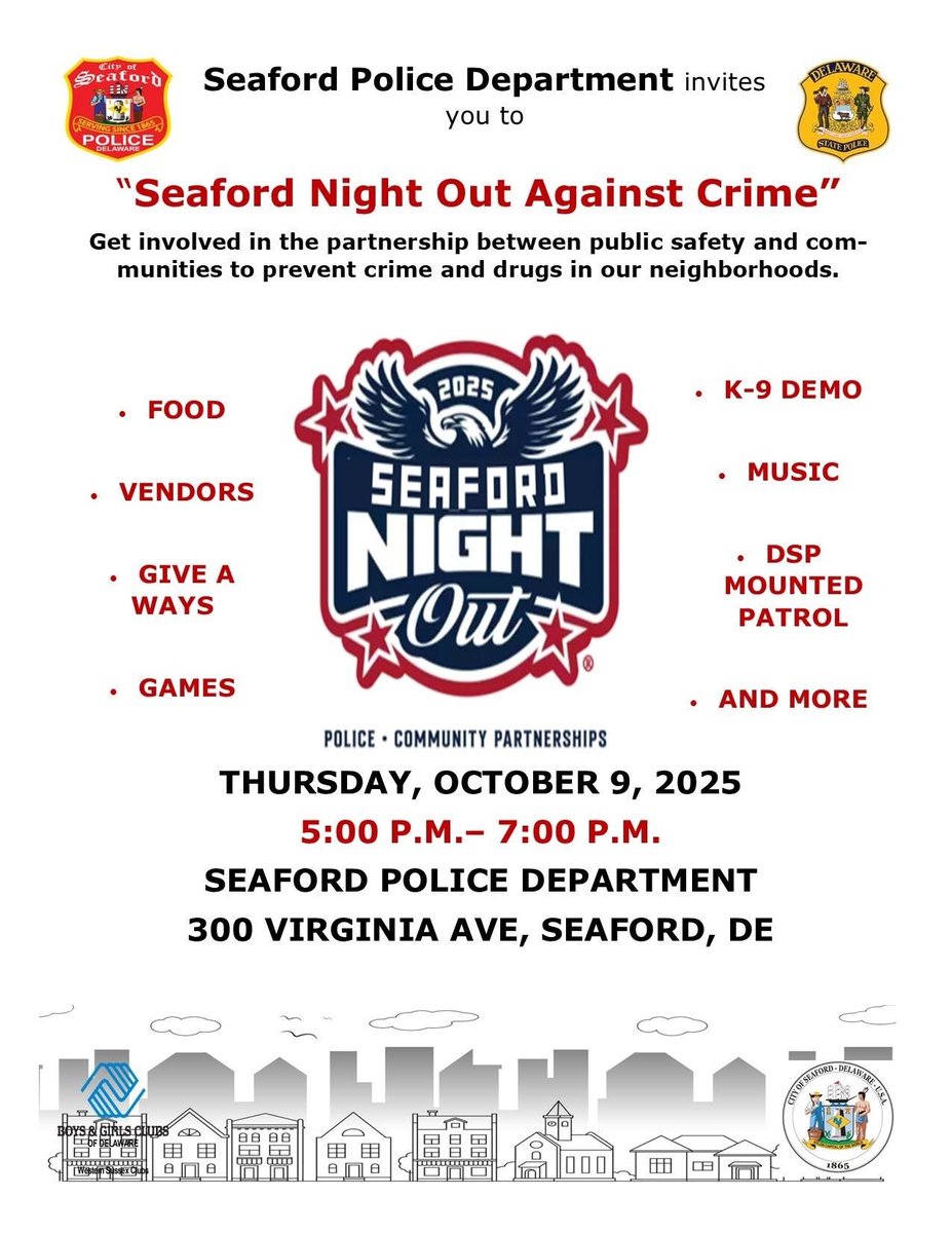📢 DDOC is proud to represent at Seaford PD’s Night Out Against Crime!

📅 Thursday, October 9
🕔 5:00 – 7:00 PM
📍 Seaford Police Department, 300 Virginia Ave., Seaford

Bringing the community together to help prevent crime and drug activity in our neighborhoods.