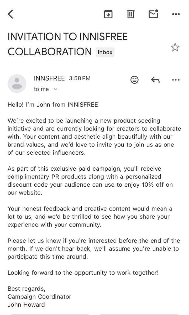 TheKhushLife's tweet photo. As someone who actually is in her 5th month collaborating with innisfree this inbound made me LOL 😂
Sorry John, I’ll pass 🙈
#ugc #ugcscam #UGCcreator #ugccommunity https://t.co/ezXWNQfrnS