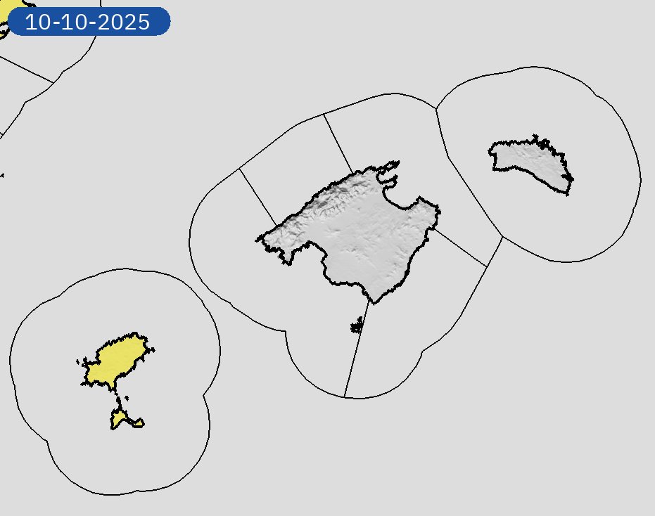 AEMET_Baleares's tweet photo. 09/10 00:06 Avisos  activos hoy y mañana en Illes Balears por lluvias y tormentas. Nivel máximo de aviso: naranja.
Actualizaciones en https://t.co/5xR91vsuMu https://t.co/qKW8qNJ6yT