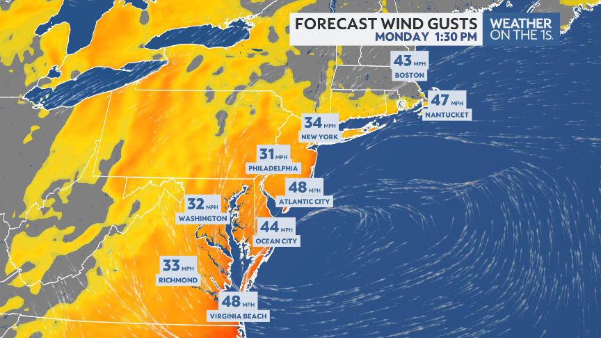 With a coastal low develop this weekend into early next week along the east coast, winds may gust over 50 mph on the shore with beach erosion and coastal flooding.