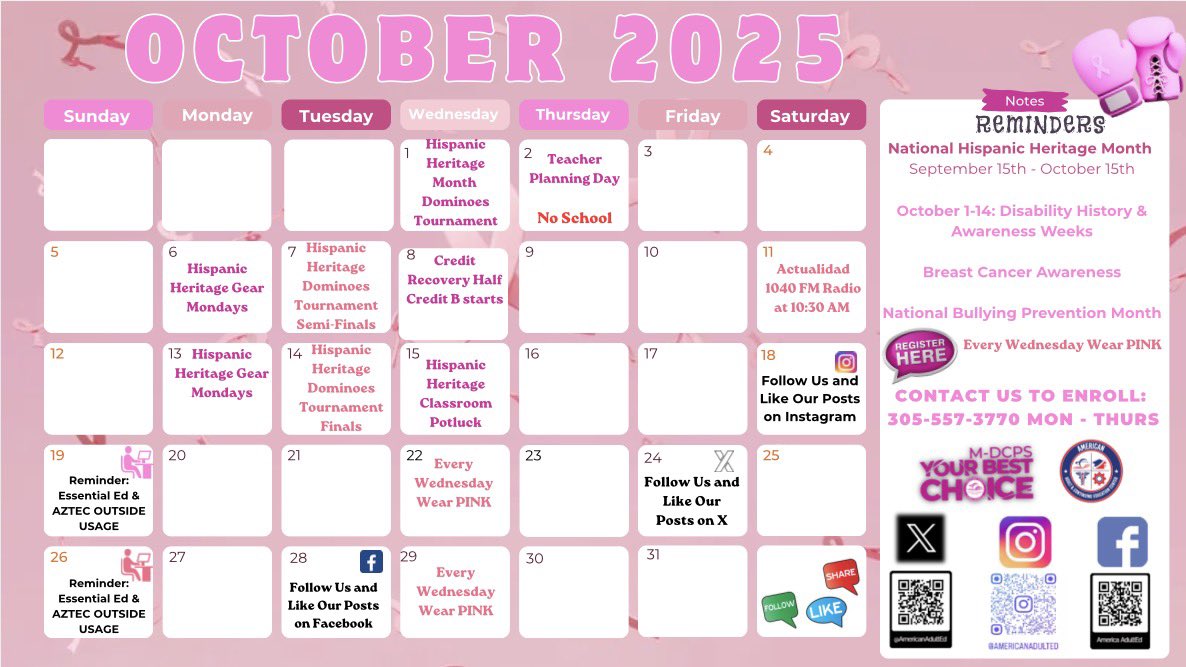 AmericanAdultEd's tweet photo. October is packed with excitement!
From celebrating Hispanic Heritage Month to showing support for Breast Cancer Awareness, we’ve got a month full of learning, unity, and community spirit!
Wear PINK every Wednesday
Show your Hispanic Heritage pride on Mondays! https://t.co/j54xz2EB92