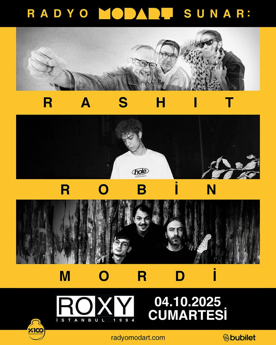 4.10.2025 Cumartesi - Radyo Modart konserleri serisinde Rashit, Robin ve Mordi sahnede.

bubilet.com.tr/istanbul/etkin…